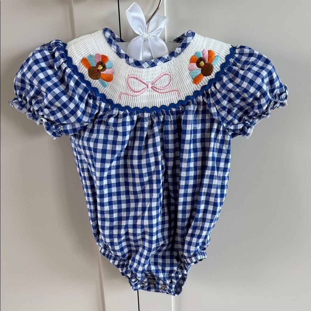 Blue Gingham Smocked Baby Romper with Embroidered Turkeys